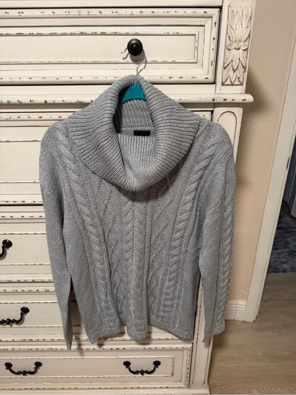 Talbots Light Gray Cable Knit Cowl Neck Sweater